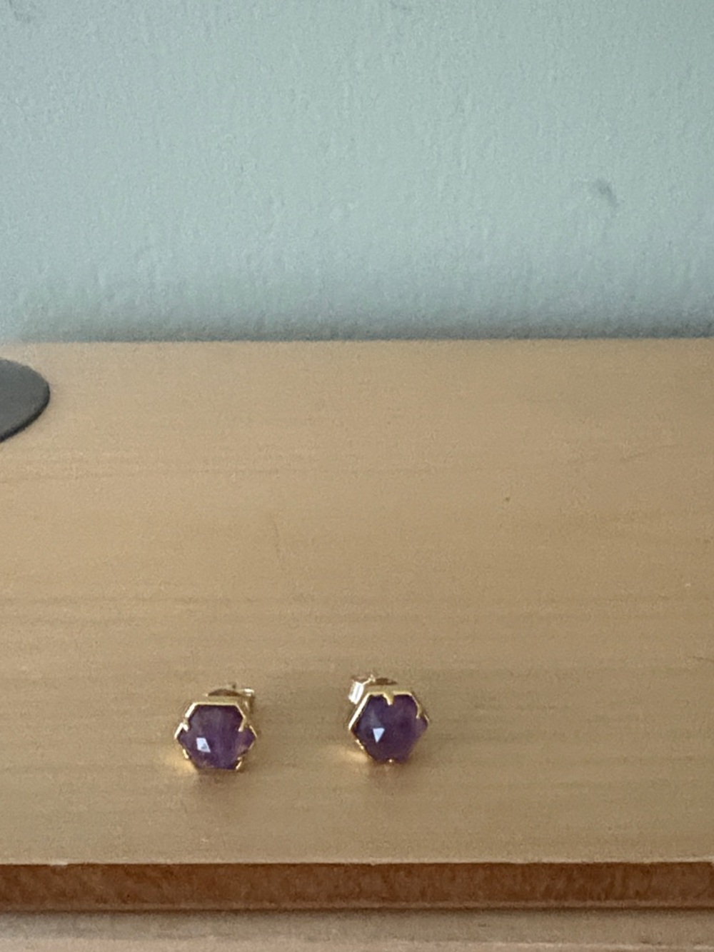 Gold-Tone Hexagon Amethyst Look Stud Earrings - Purple